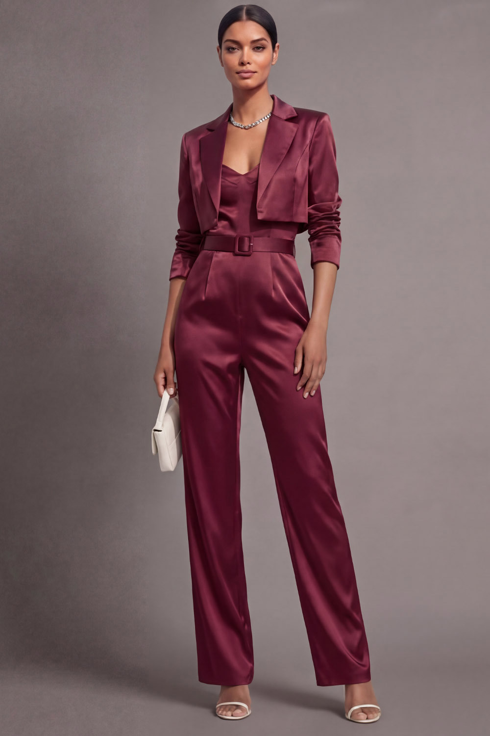 Burgundy Party Blazer Suit Sets Lapel Long Sleeve Jumpsuit Pants Set
