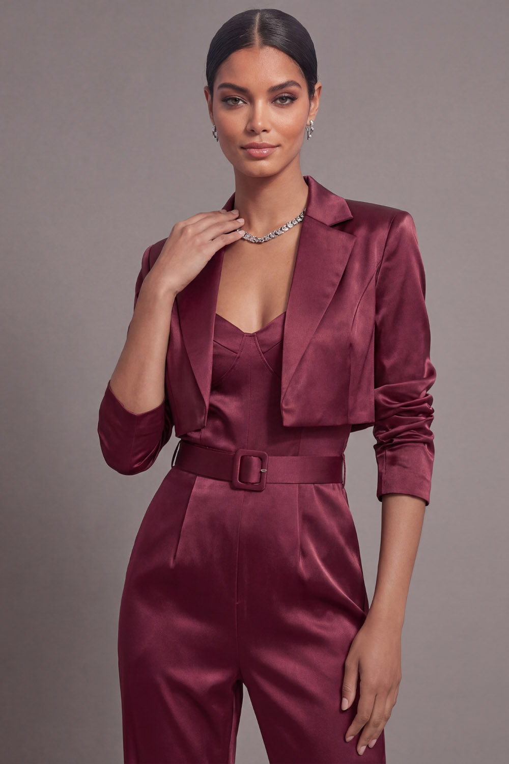 Burgundy Party Blazer Suit Sets Lapel Long Sleeve Jumpsuit Pants Set