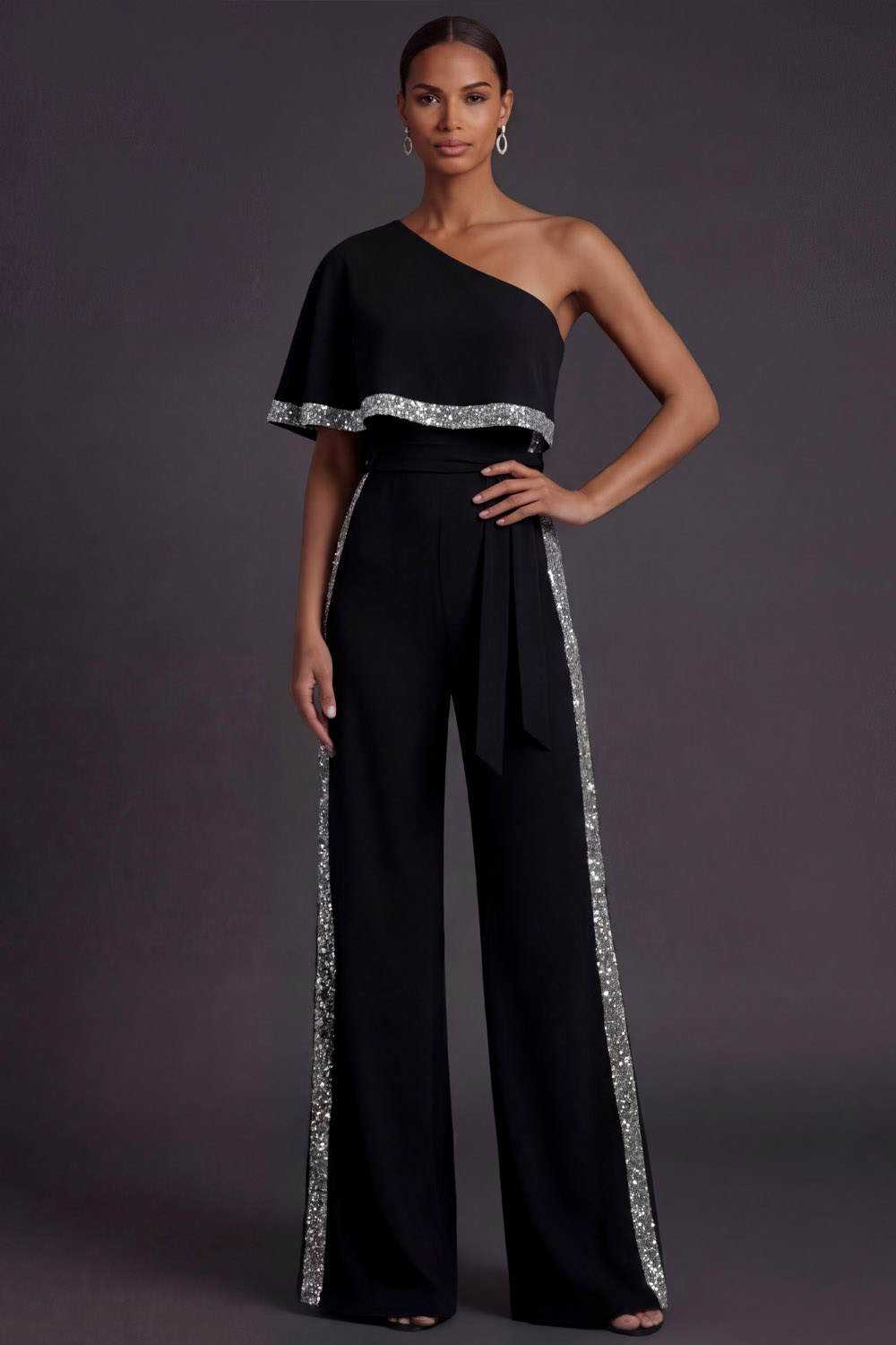 Black Formal Jumpsuit One Shoulder Sequin Jumpsuit with Cape