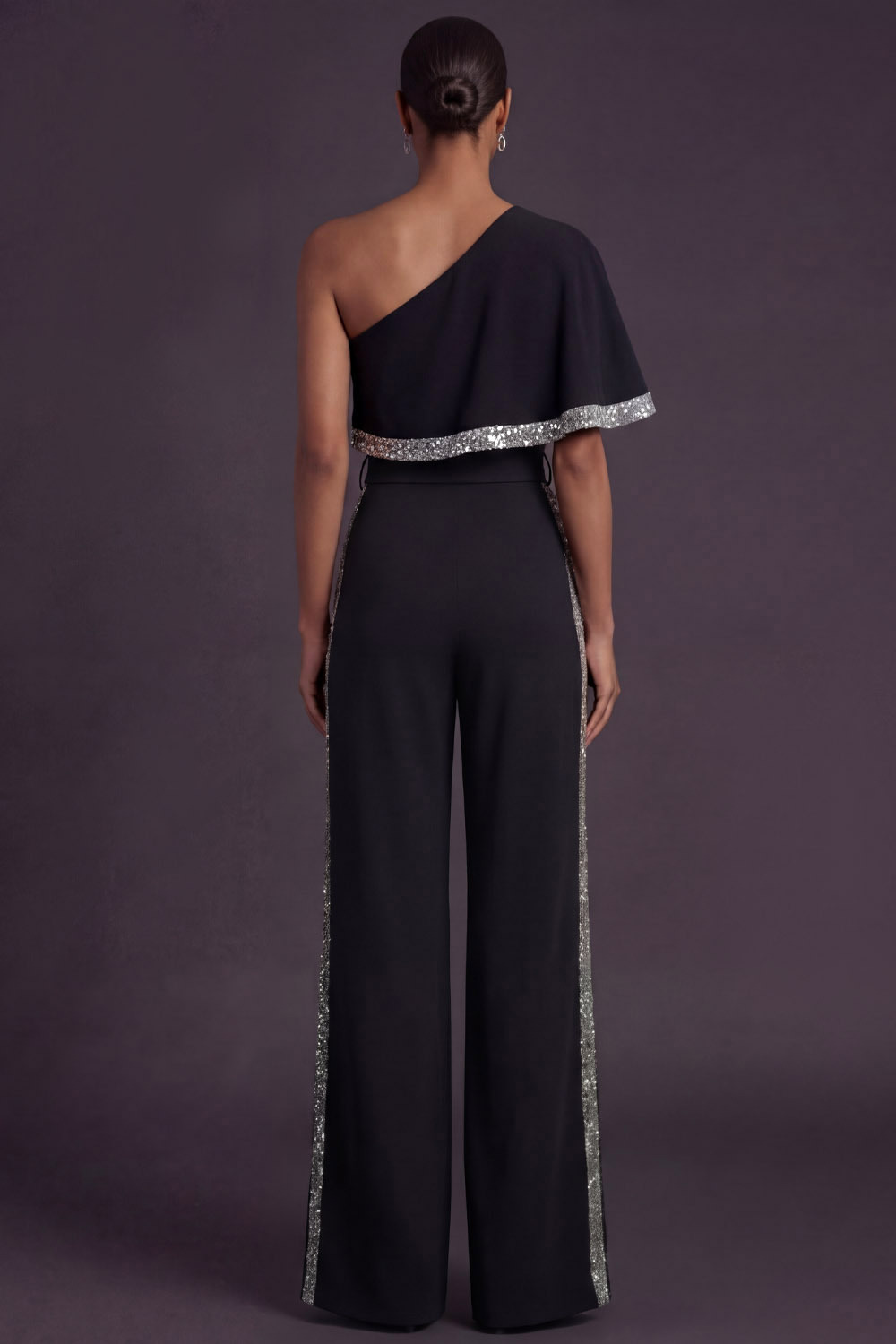 Black Formal Jumpsuit One Shoulder Sequin Jumpsuit with Cape