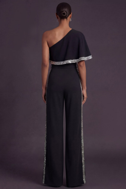 Black Formal Jumpsuit One Shoulder Sequin Jumpsuit with Cape