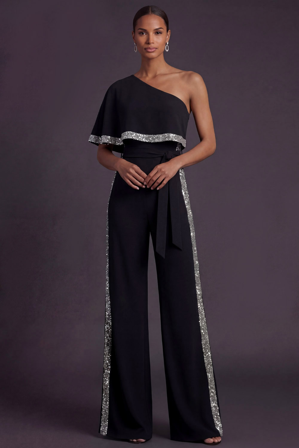 Black Formal Jumpsuit One Shoulder Sequin Jumpsuit with Cape