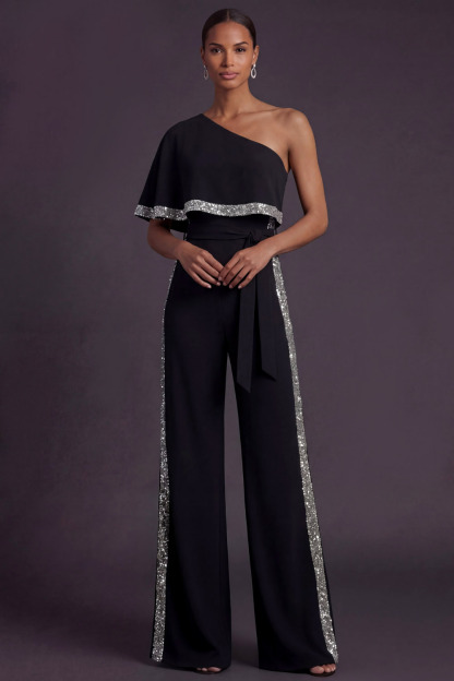 Black Formal Jumpsuit One Shoulder Sequin Jumpsuit with Cape