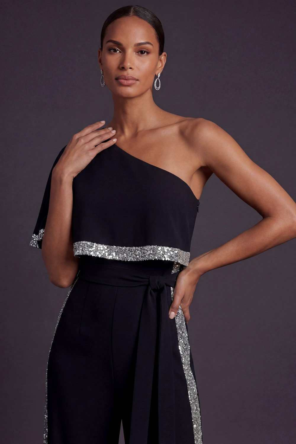 Black Formal Jumpsuit One Shoulder Sequin Jumpsuit with Cape
