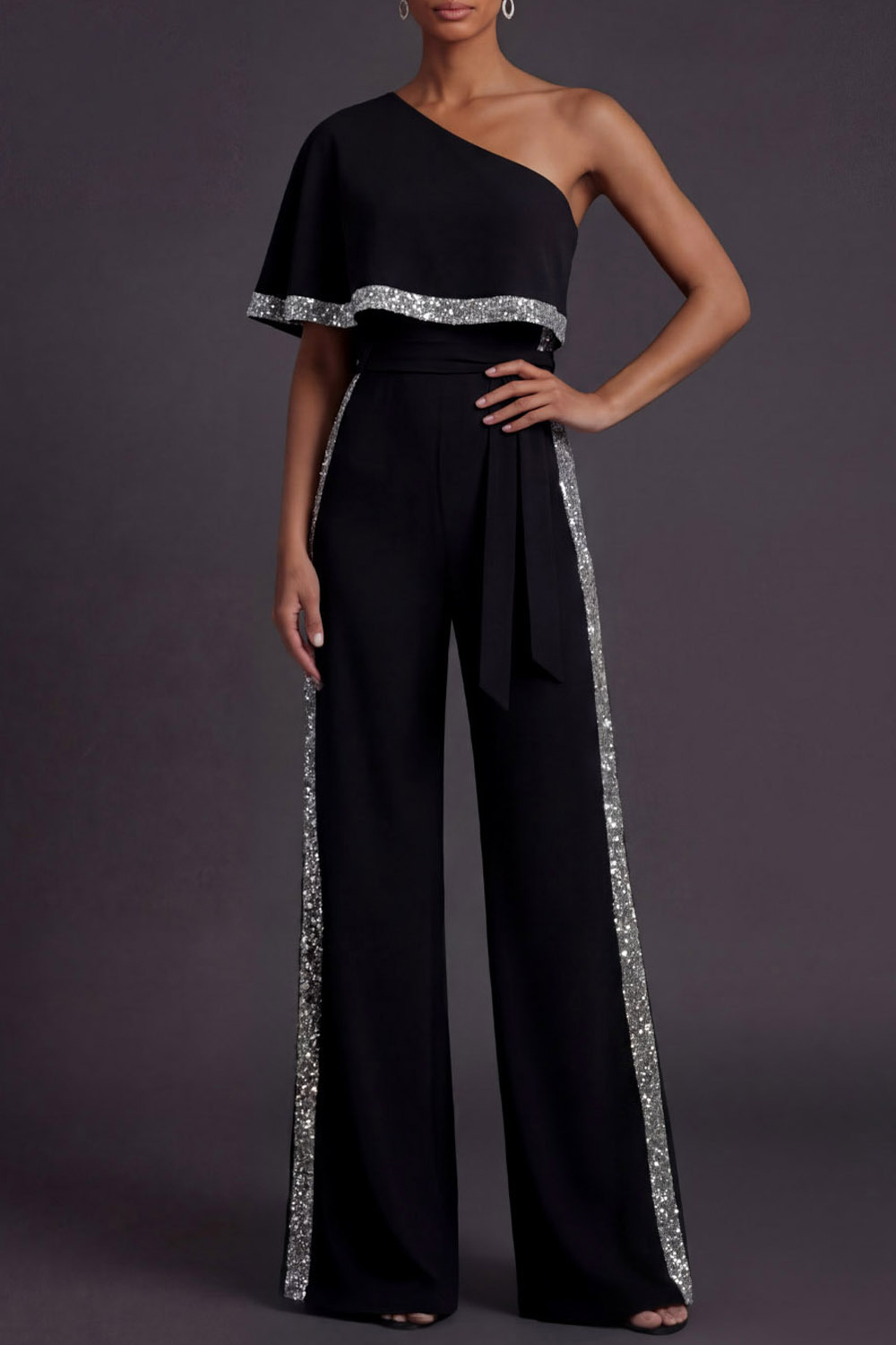 Black Formal Jumpsuit One Shoulder Sequin Jumpsuit with Cape