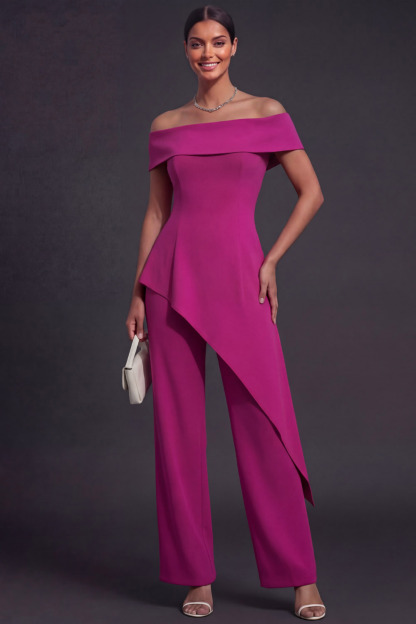 Fuchsia Casual Suit Set Off the Shoulder Two-Piece Pants Set