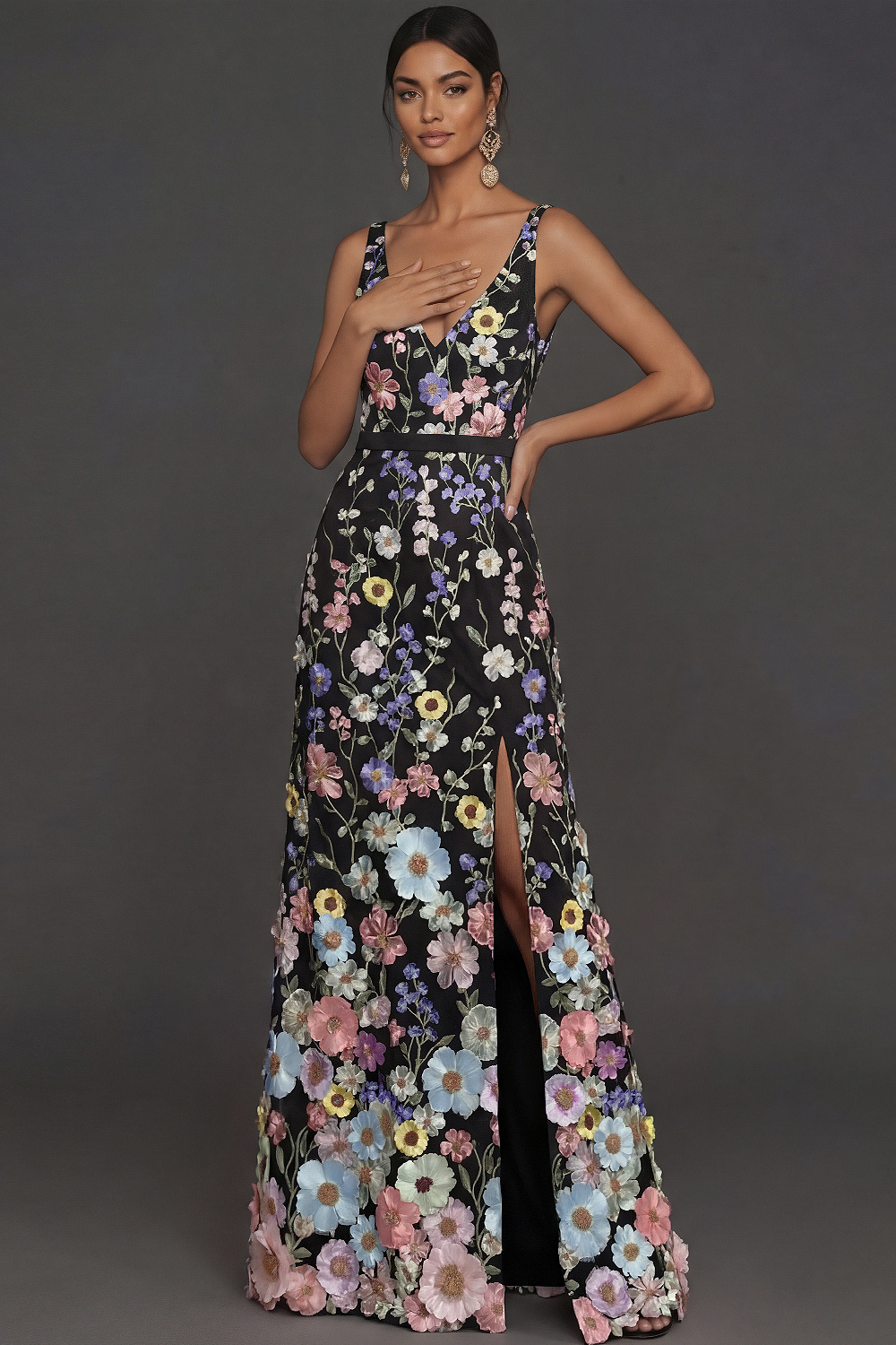 Black Evening Formal Dress V-Neck Appliqued Maxi Dress with Slit