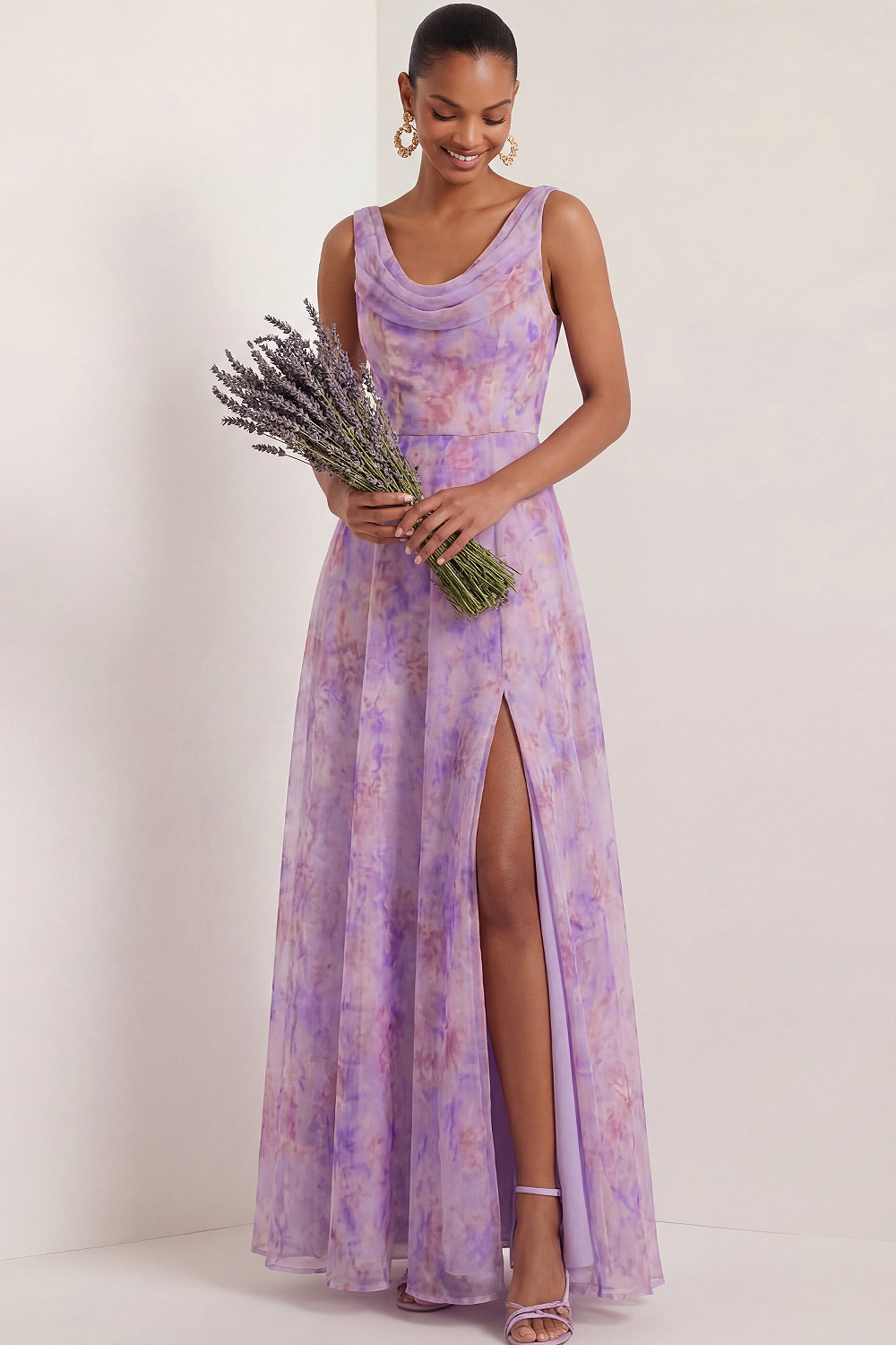 Lilac Floral Wedding Guest Dress A-Line Cowl Neck Maxi Dress with Slit