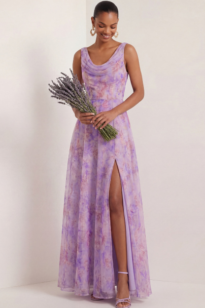 Lilac Floral Wedding Guest Dress A-Line Cowl Neck Maxi Dress with Slit