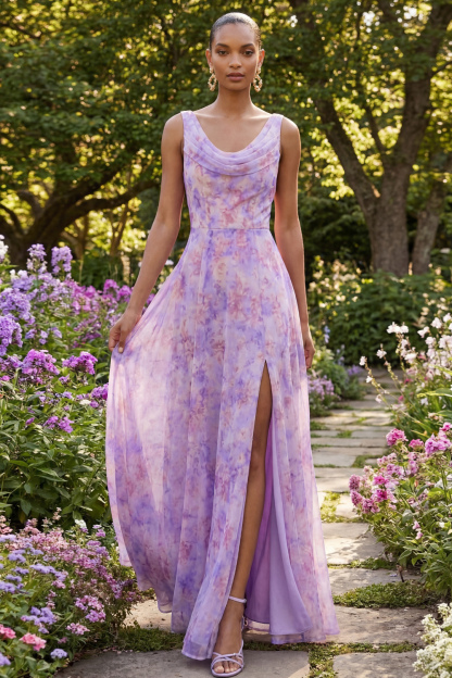 Lilac Floral Wedding Guest Dress A-Line Cowl Neck Maxi Dress with Slit
