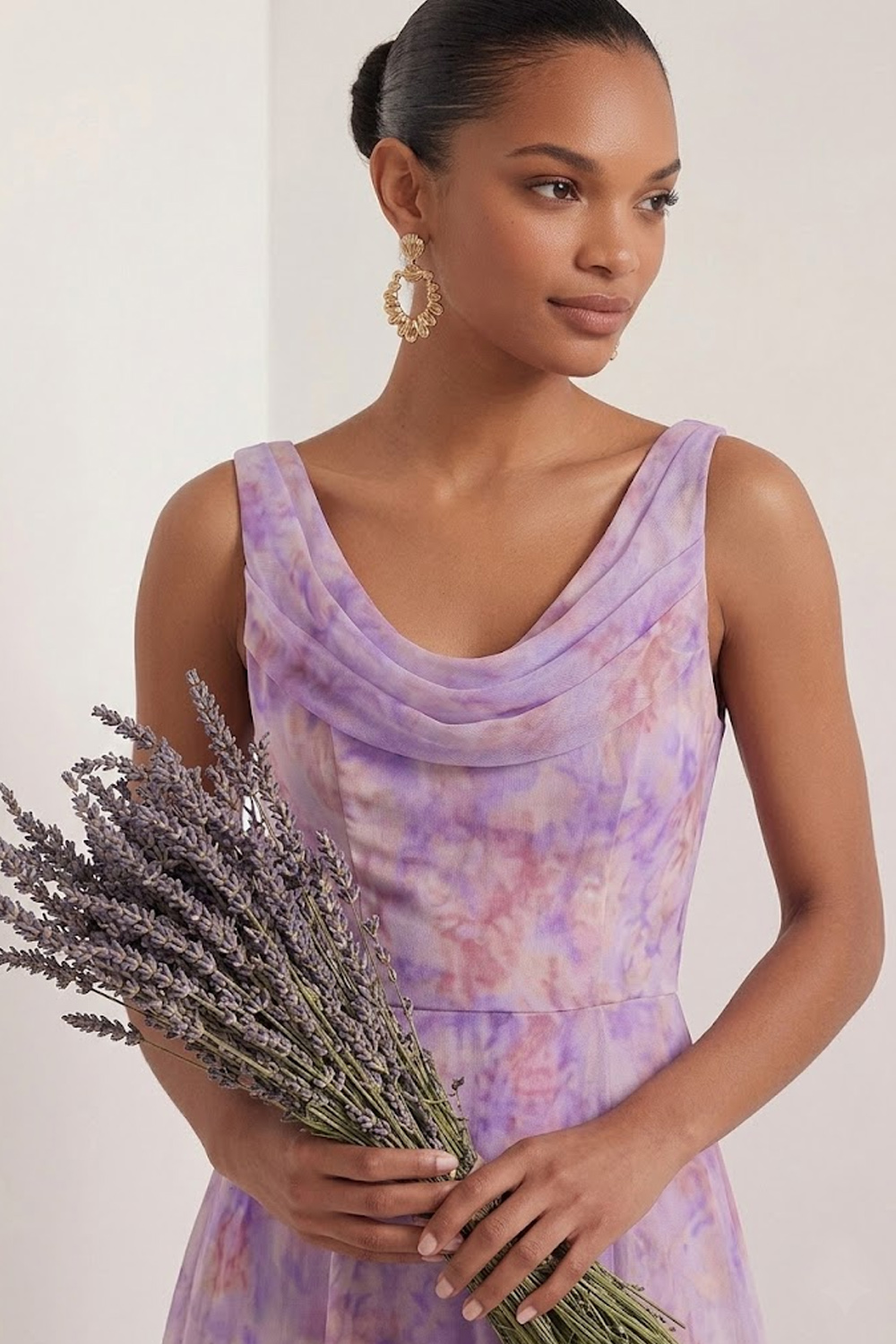 Lilac Floral Wedding Guest Dress A-Line Cowl Neck Maxi Dress with Slit