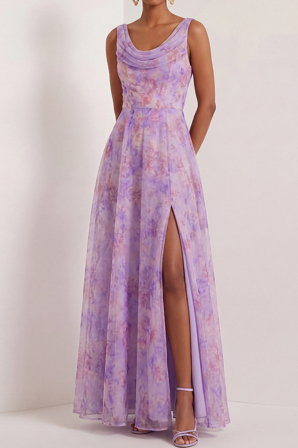 Lilac Floral Wedding Guest Dress A-Line Cowl Neck Maxi Dress with Slit