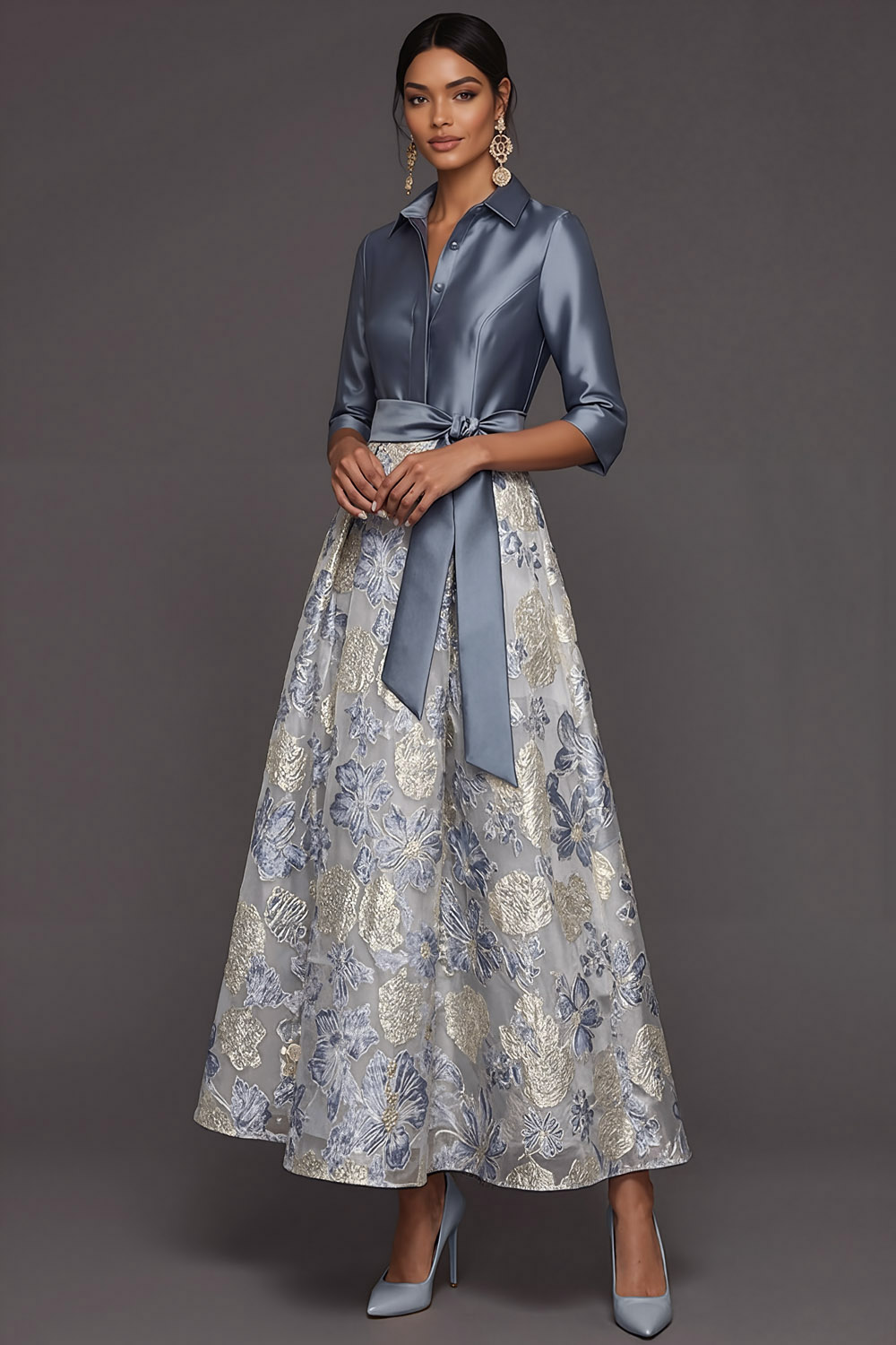 Dusty Blue Formal Dress A-Line Point Collar Floral Maxi Dress with Bow