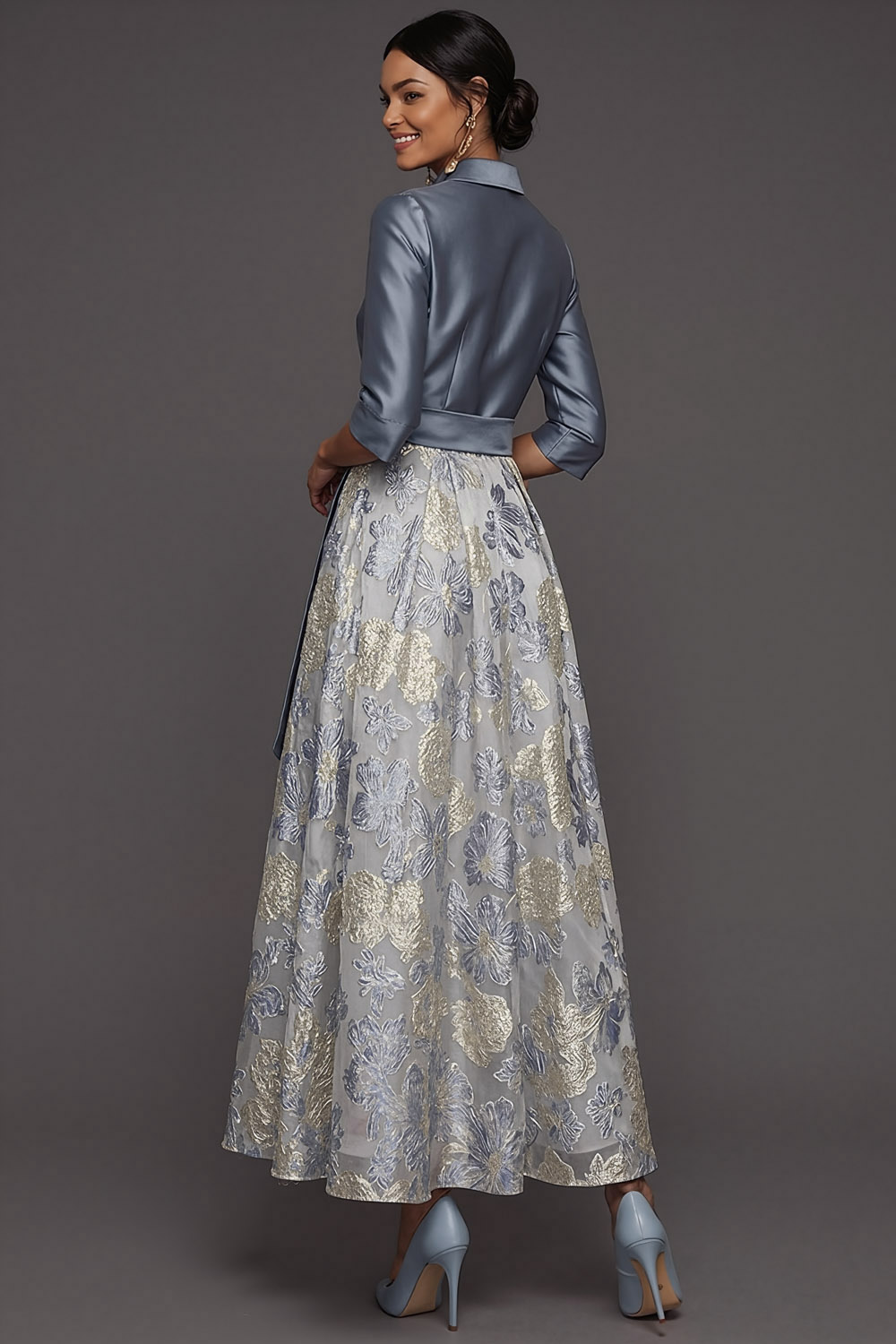 Dusty Blue Formal Dress A-Line Point Collar Floral Maxi Dress with Bow