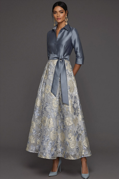 Dusty Blue Formal Dress A-Line Point Collar Floral Maxi Dress with Bow