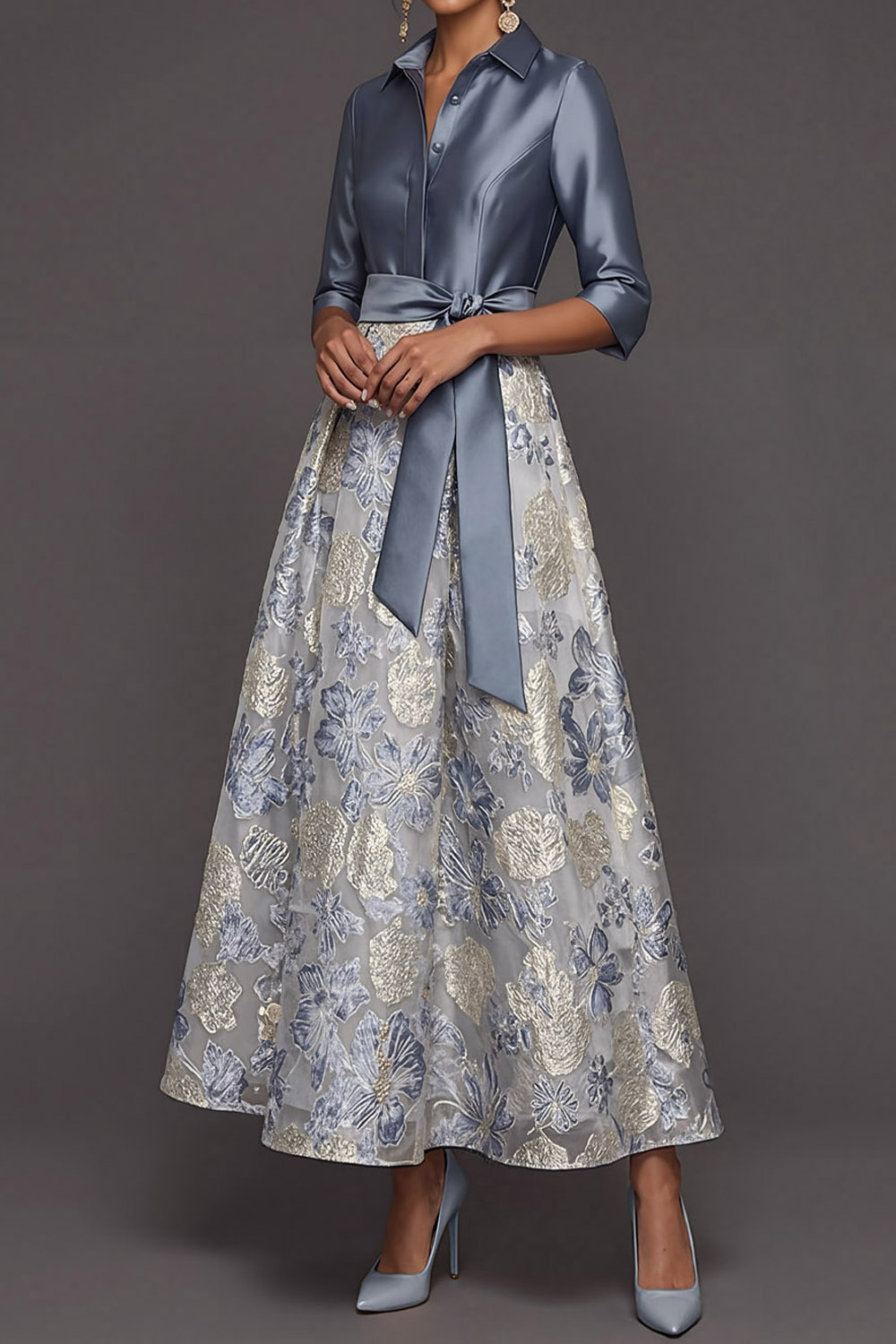 Dusty Blue Formal Dress A-Line Point Collar Floral Maxi Dress with Bow