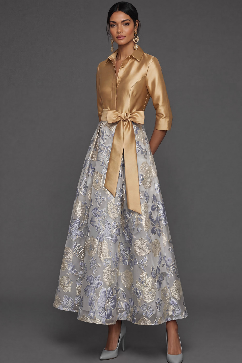 Dusty Blue Formal Dress A-Line Point Collar Floral Maxi Dress with Bow-chiclody