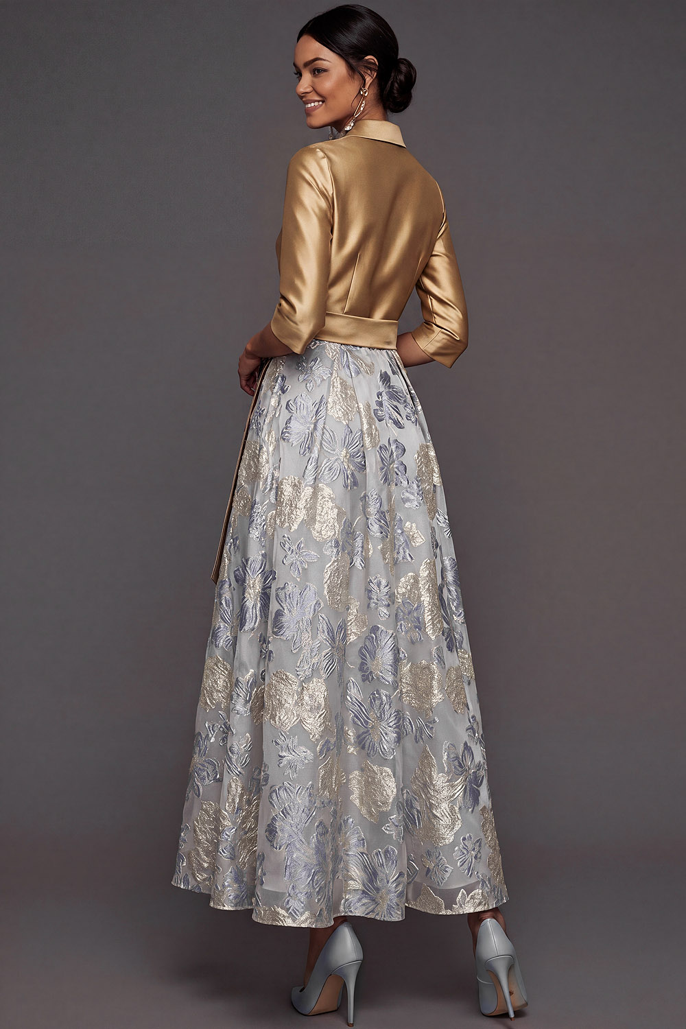 Dusty Blue Formal Dress A-Line Point Collar Floral Maxi Dress with Bow