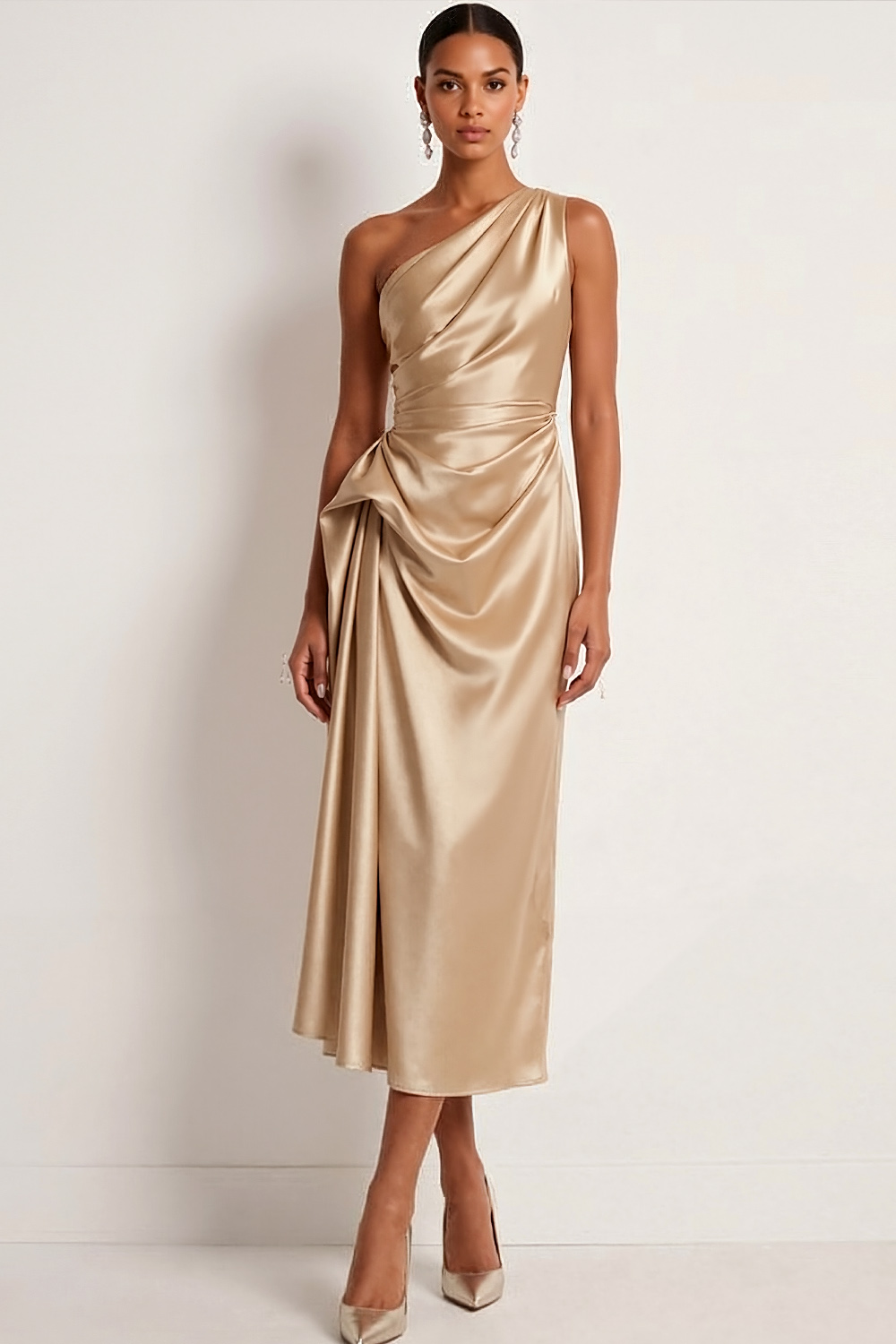 Emerald Green Formal Evening Dress One Shoulder Ruched Satin Midi Dres