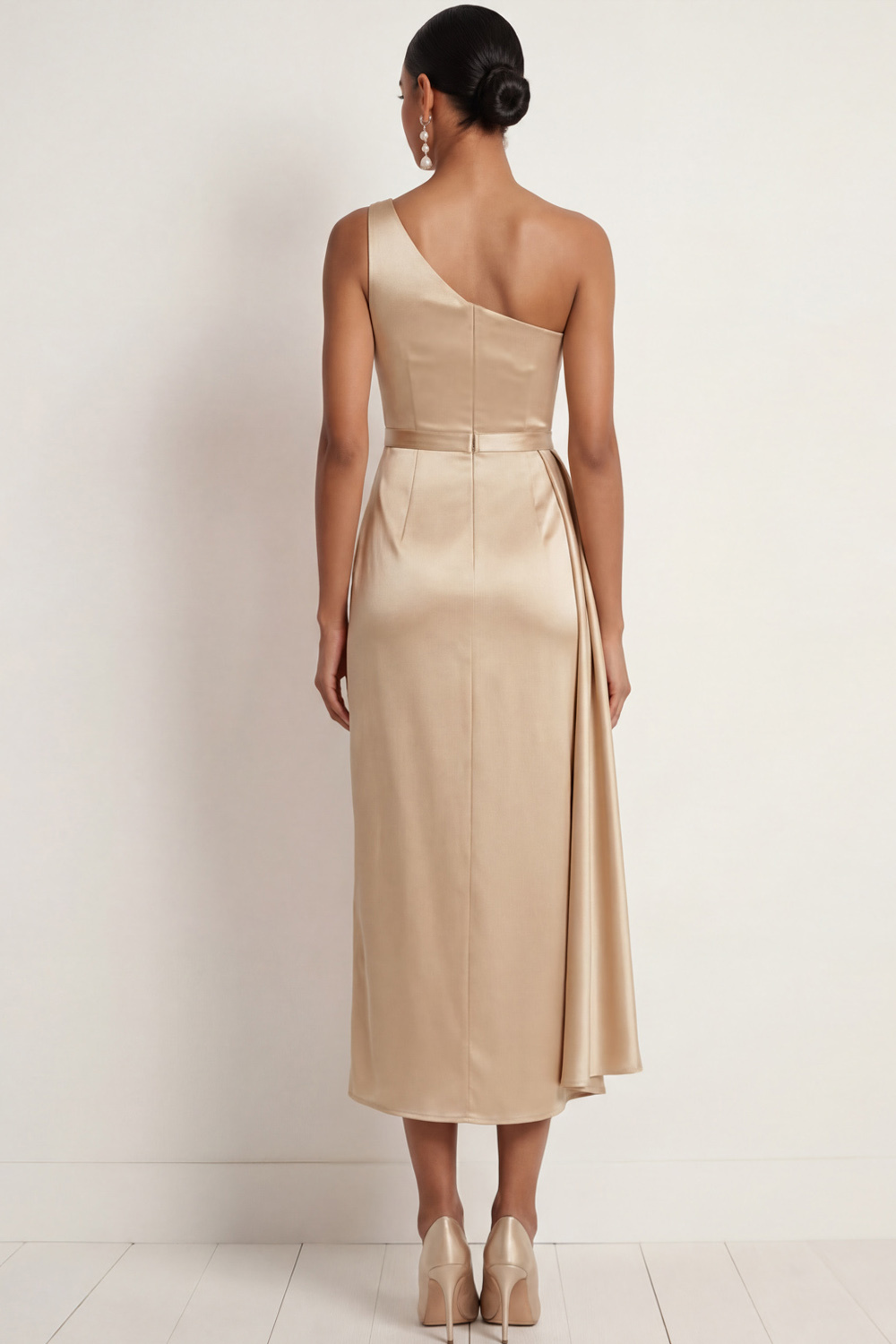 Emerald Green Formal Evening Dress One Shoulder Ruched Satin Midi Dress 