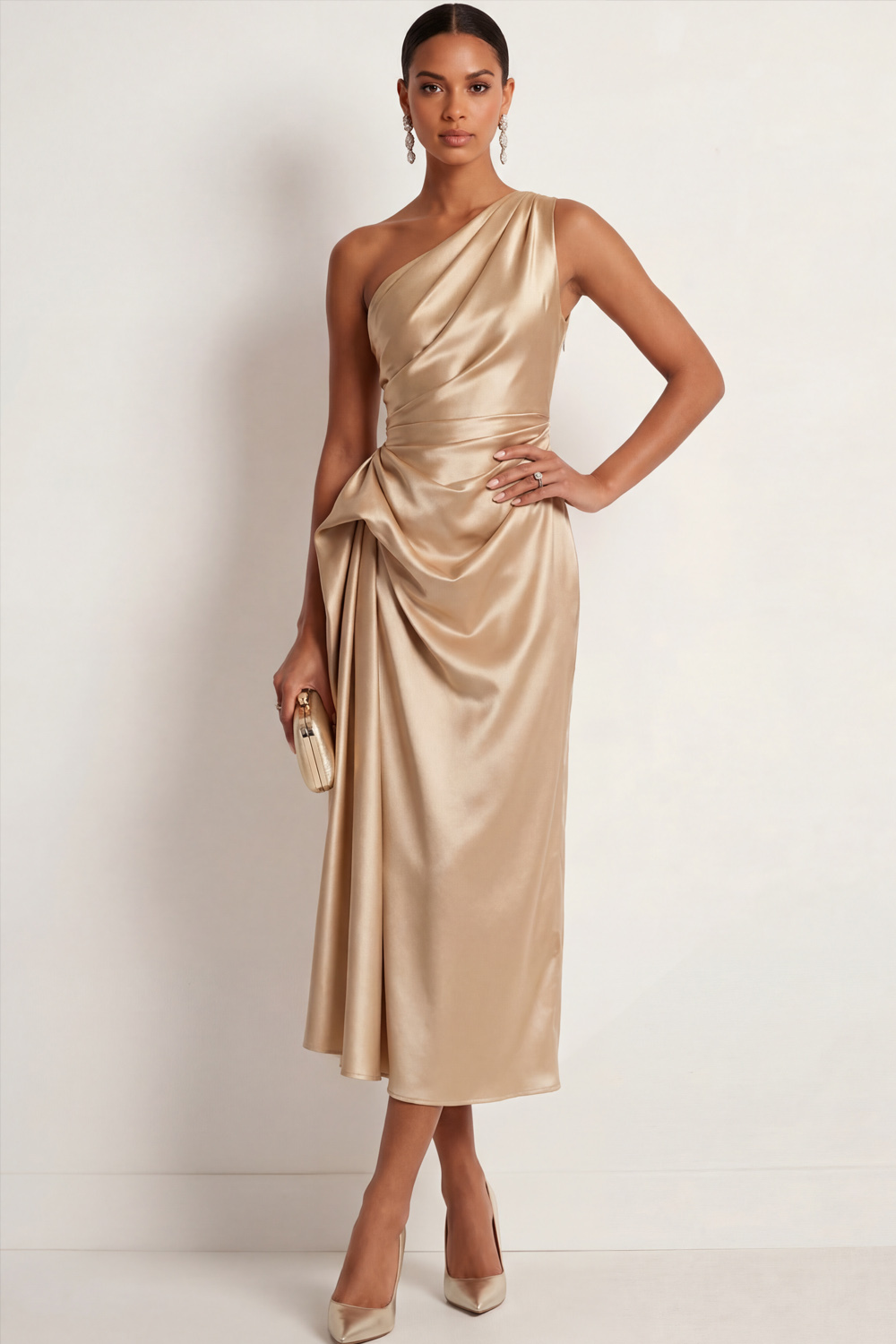 Emerald Green Formal Evening Dress One Shoulder Ruched Satin Midi Dress 