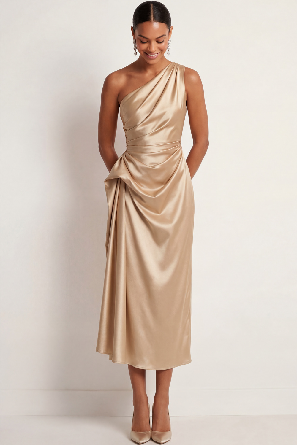 Emerald Green Formal Evening Dress One Shoulder Ruched Satin Midi Dress 