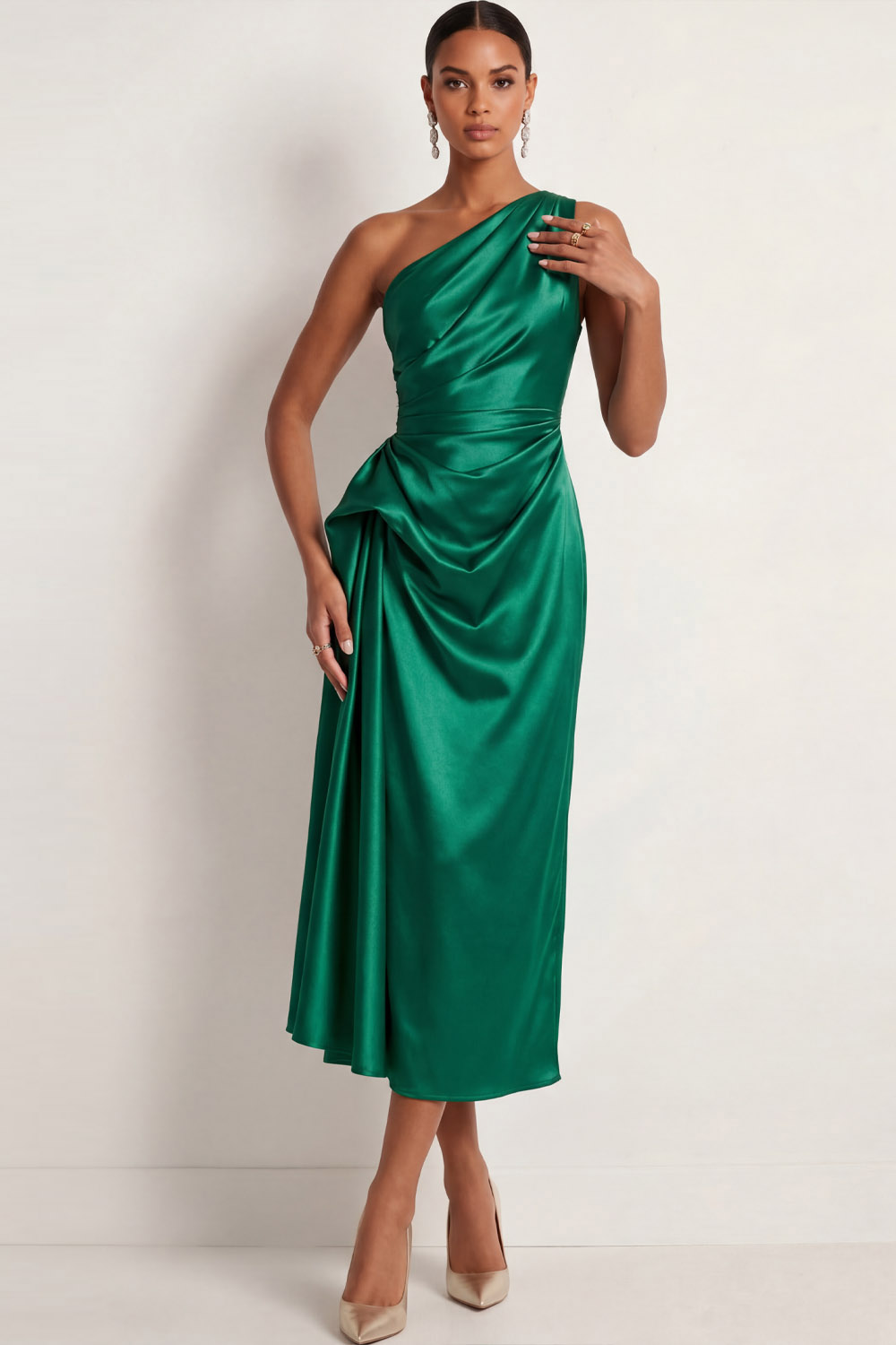 Emerald Green Formal Evening Dress One Shoulder Ruched Satin Midi Dress 