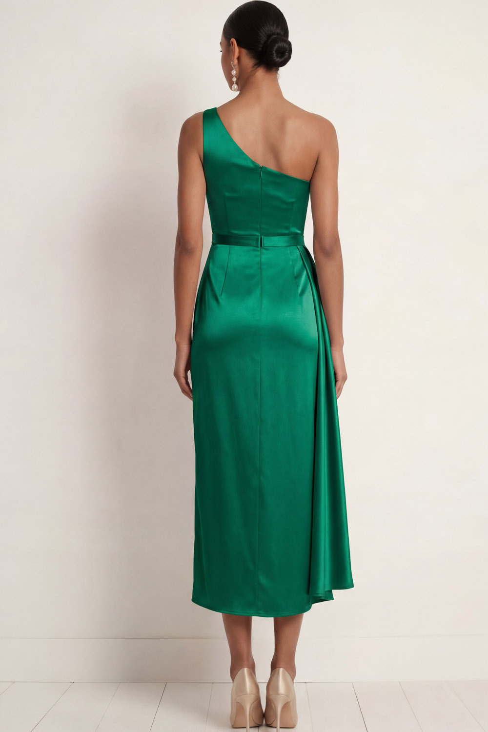 Emerald Green Formal Evening Dress One Shoulder Ruched Satin Midi Dress 