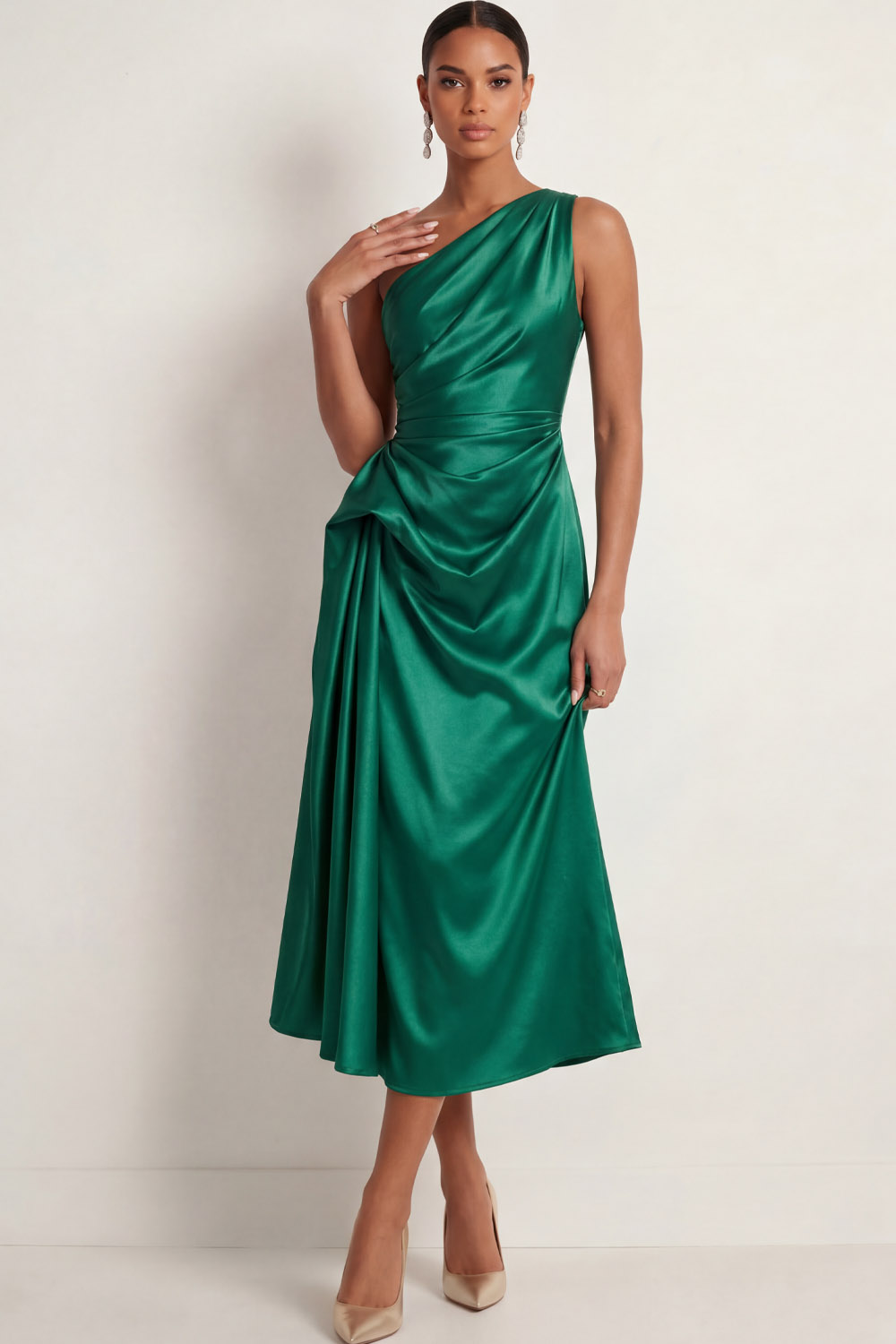 Emerald Green Formal Evening Dress One Shoulder Ruched Satin Midi Dress 