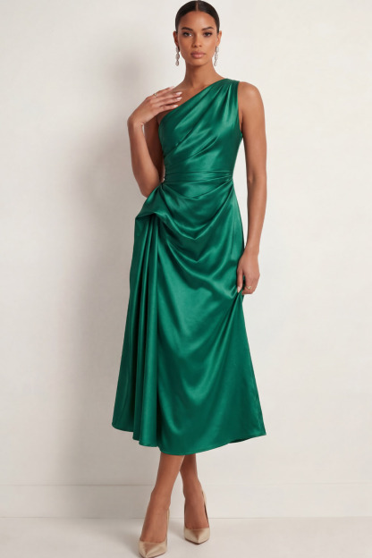 Emerald Green Formal Evening Dress One Shoulder Ruched Satin Midi Dress 