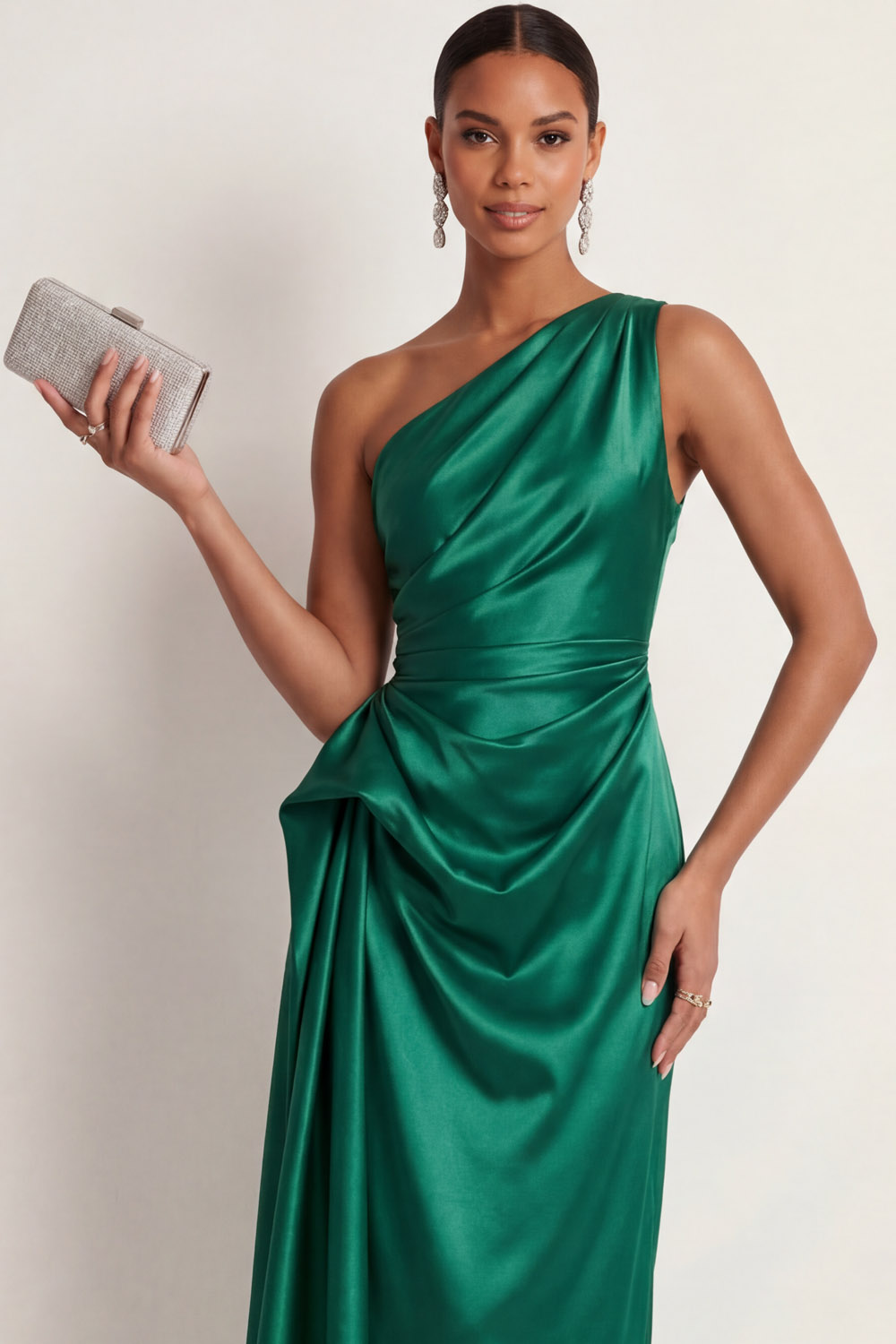 Emerald Green Formal Evening Dress One Shoulder Ruched Satin Midi Dress 