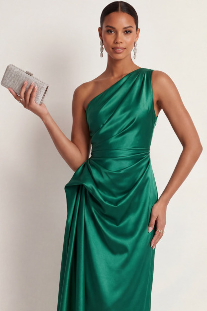 Emerald Green Formal Evening Dress One Shoulder Ruched Satin Midi Dress 