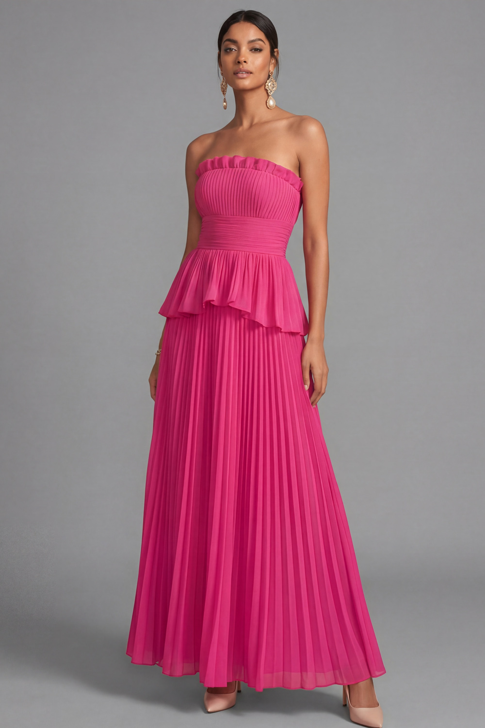 Raspberry Evening Formal Dress A-Line Strapless Pleated Maxi Dress