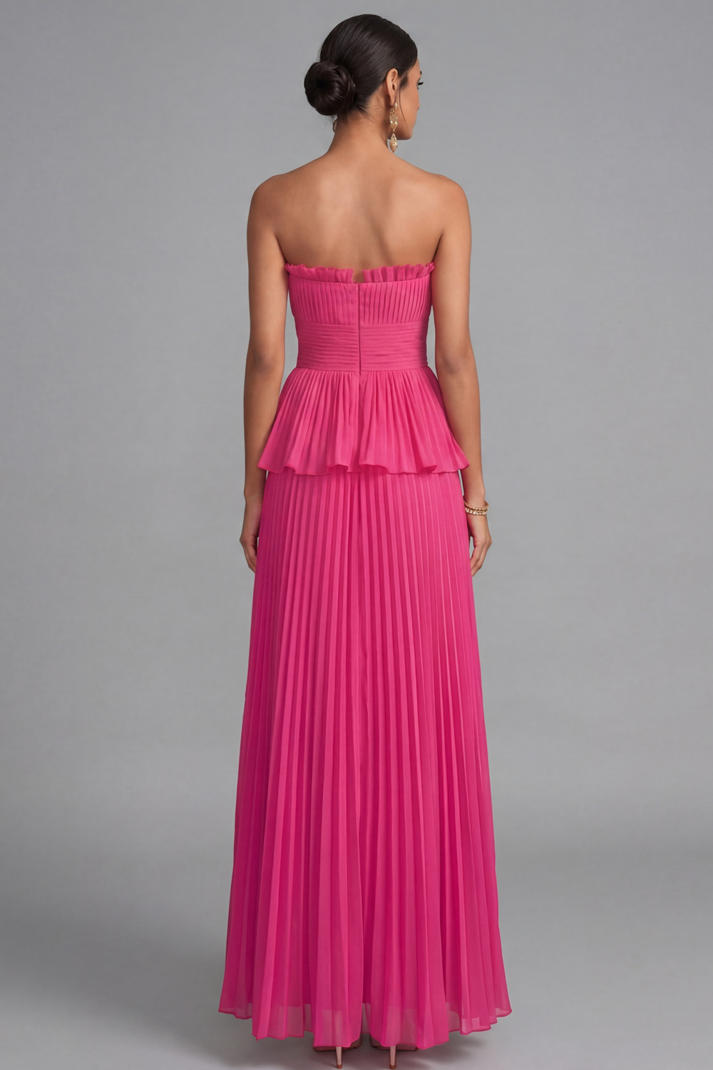 Raspberry Evening Formal Dress A-Line Strapless Pleated Maxi Dress