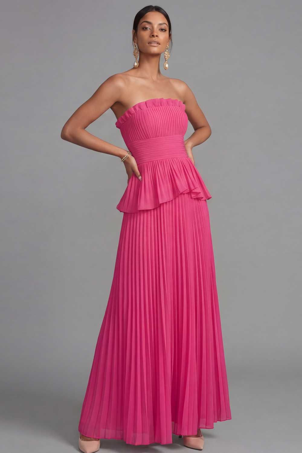 Raspberry Evening Formal Dress A-Line Strapless Pleated Maxi Dress