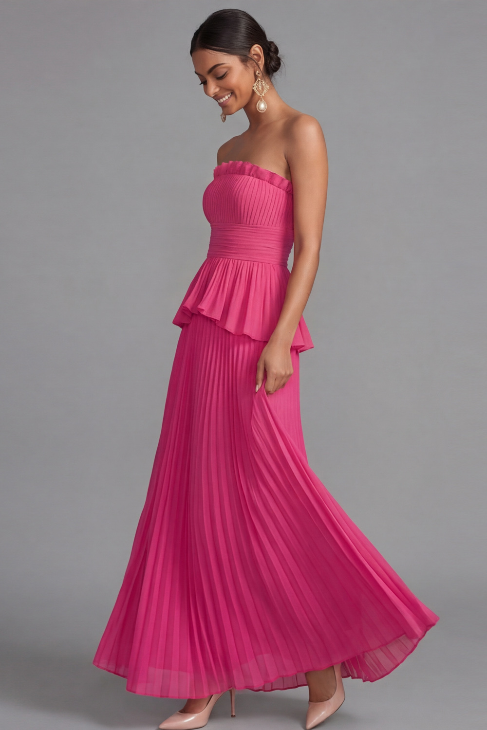 Raspberry Evening Formal Dress A-Line Strapless Pleated Maxi Dress