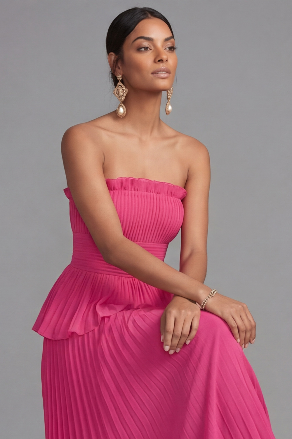 Raspberry Evening Formal Dress A-Line Strapless Pleated Maxi Dress