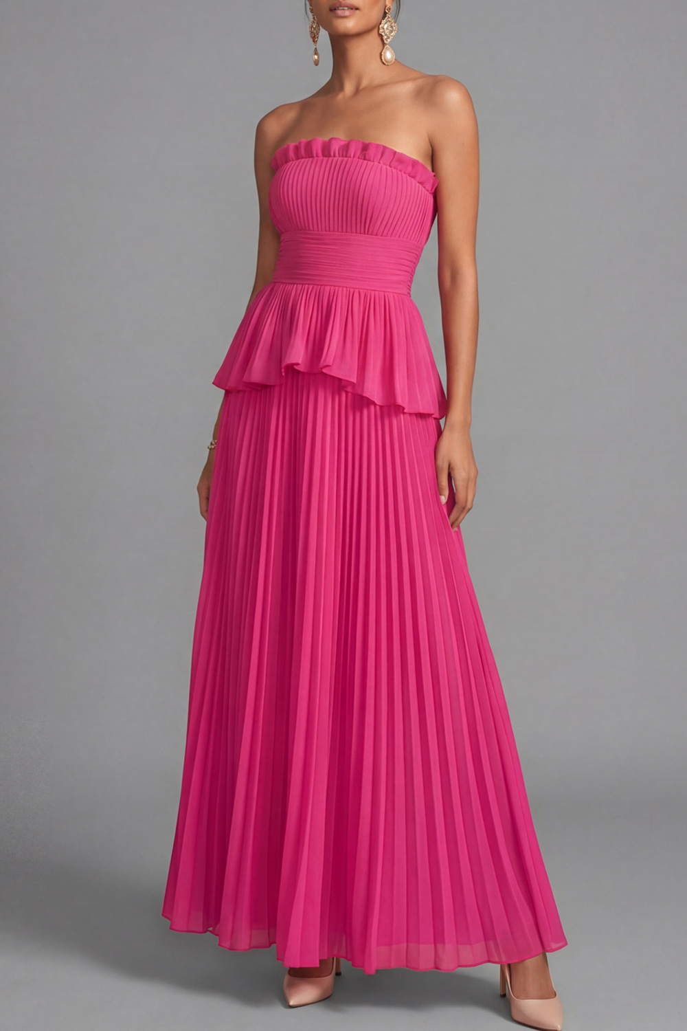 Raspberry Evening Formal Dress A-Line Strapless Pleated Maxi Dress