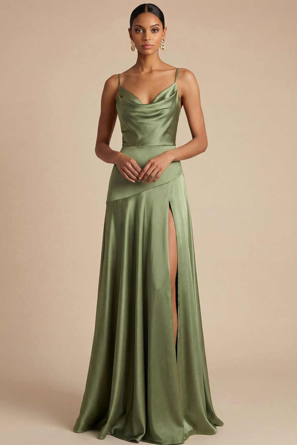 Olive Formal Dress A-Line Spaghetti Straps Satin Maxi Dress with Slit