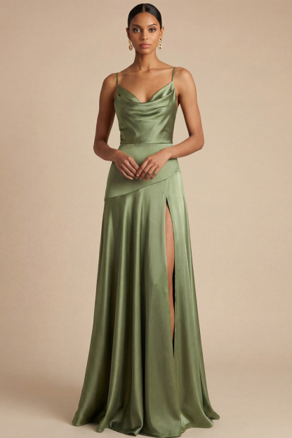 Olive Formal Dress A-Line Spaghetti Straps Satin Maxi Dress with Slit
