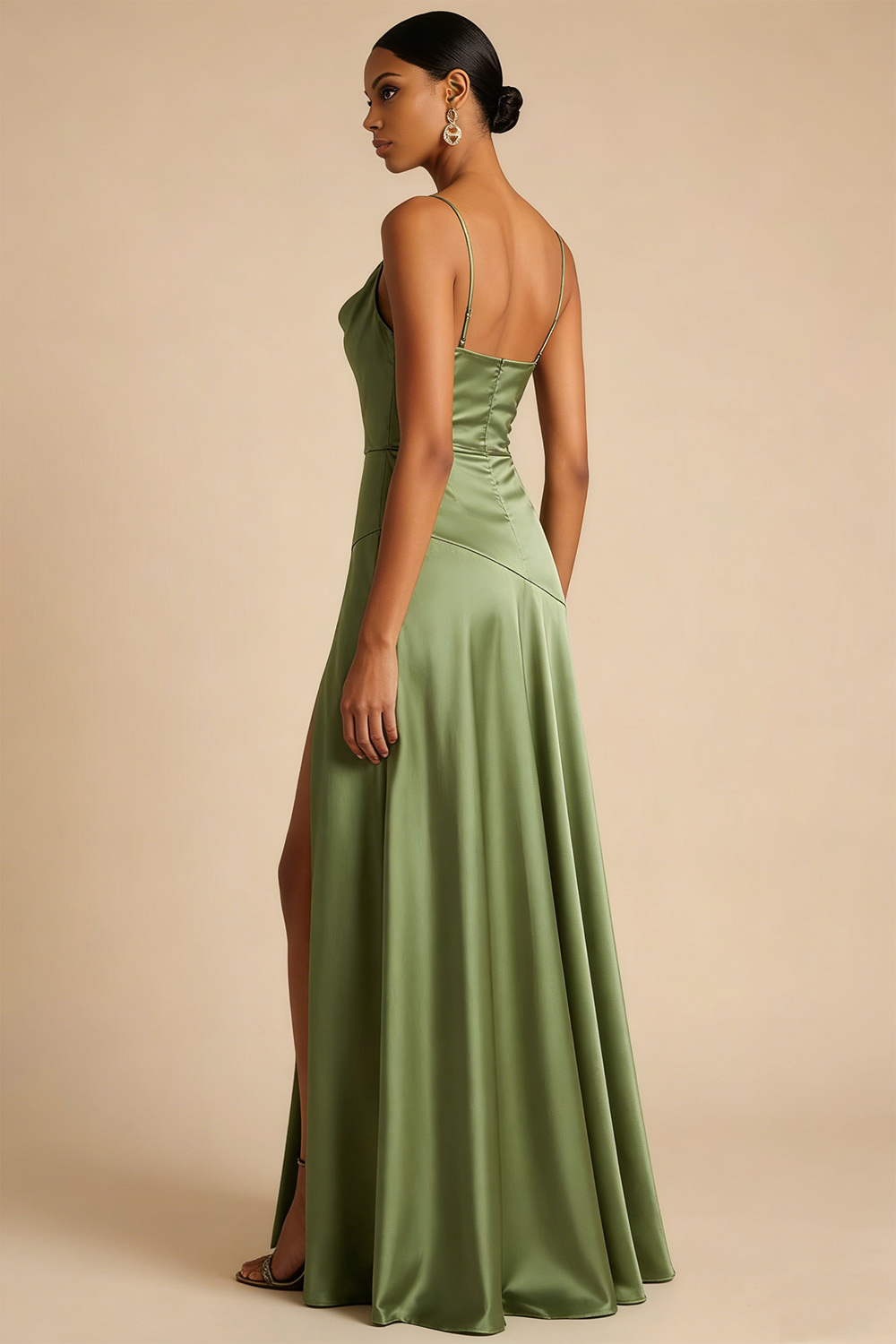 Olive Formal Dress A-Line Spaghetti Straps Satin Maxi Dress with Slit