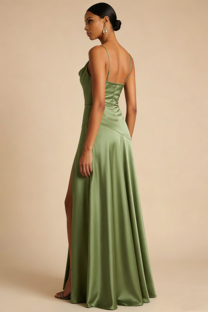Olive Formal Dress A-Line Spaghetti Straps Satin Maxi Dress with Slit