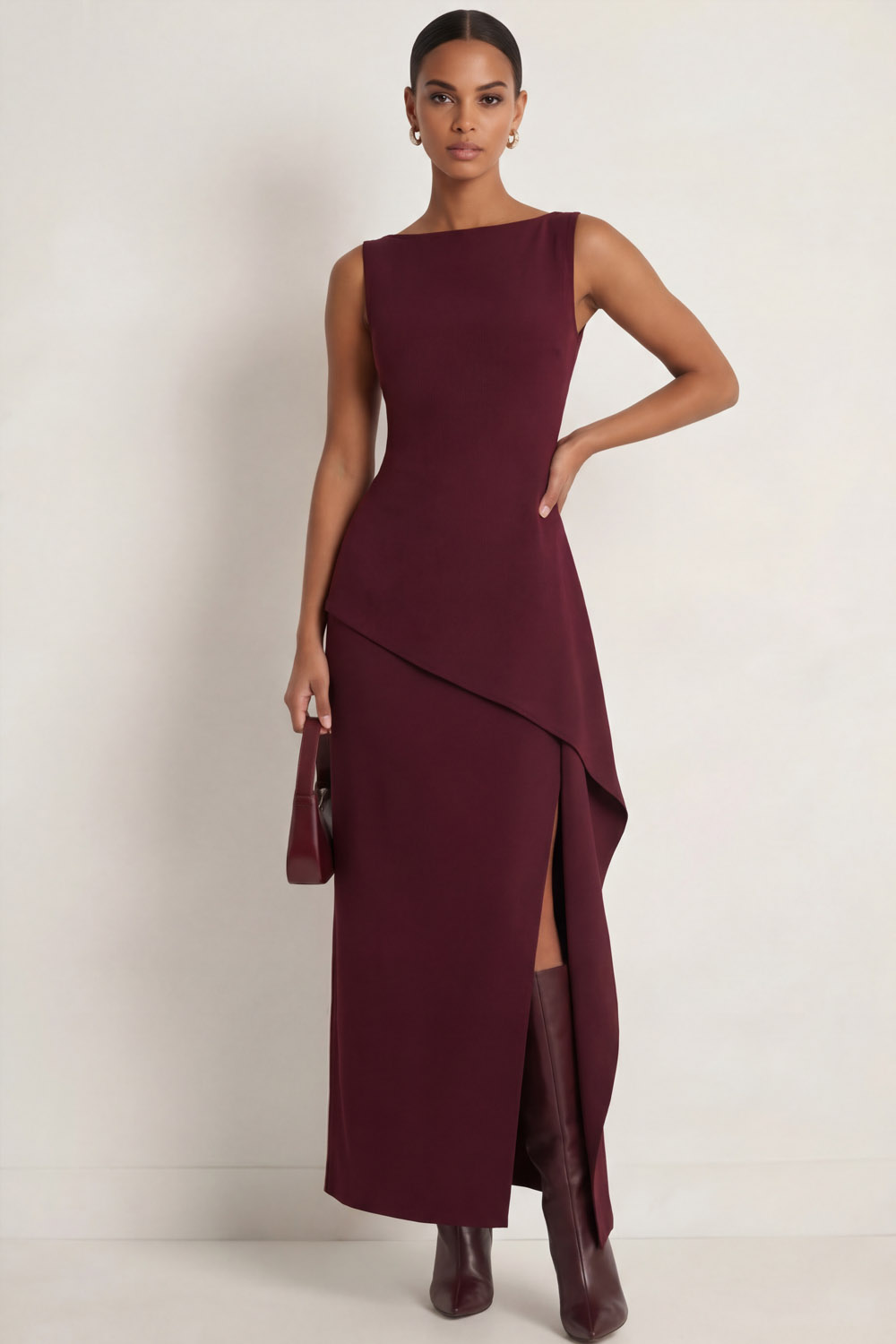 Burgundy Formal Evening Dress Sheath Crew Neck Ruffle Maxi Dress