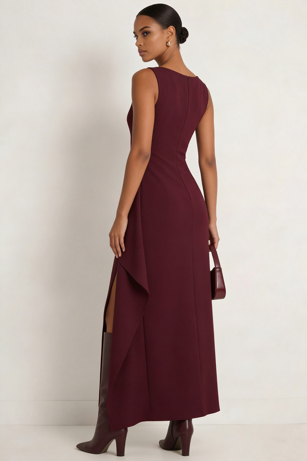 Burgundy Formal Evening Dress Sheath Crew Neck Ruffle Maxi Dress 