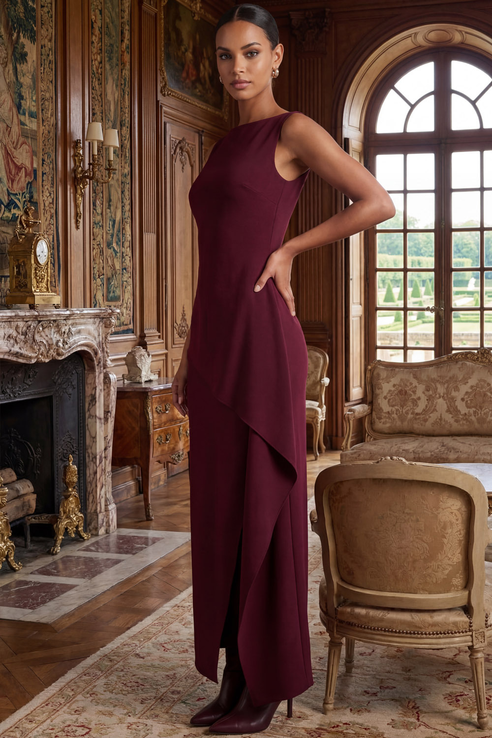 Burgundy Formal Evening Dress Sheath Crew Neck Ruffle Maxi Dress 