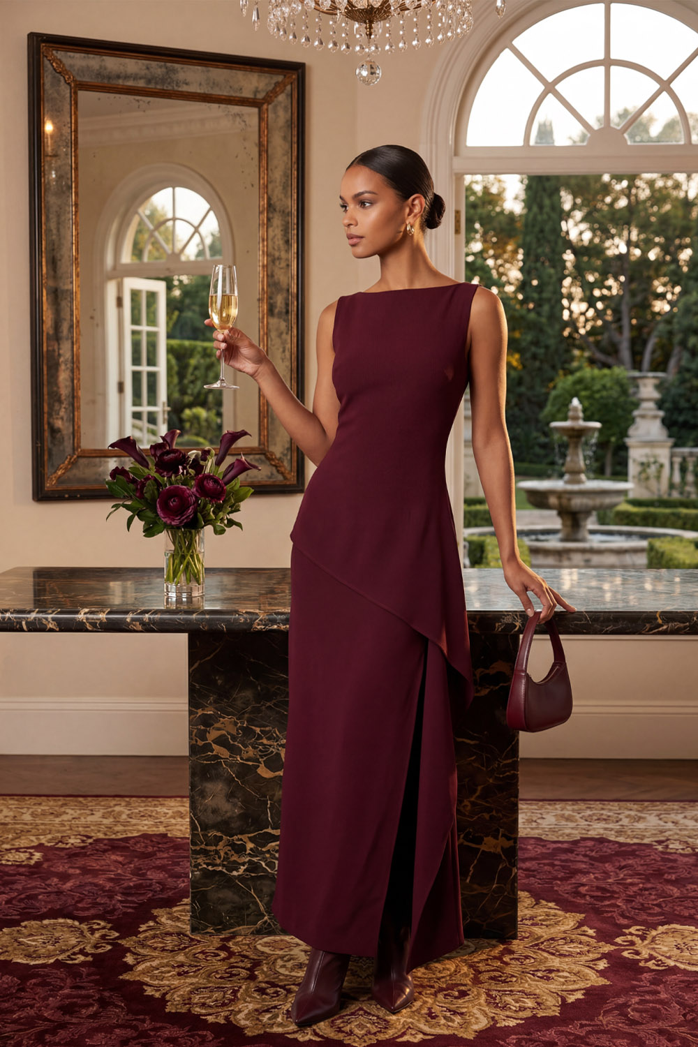 Burgundy Formal Evening Dress Sheath Crew Neck Ruffle Maxi Dress 