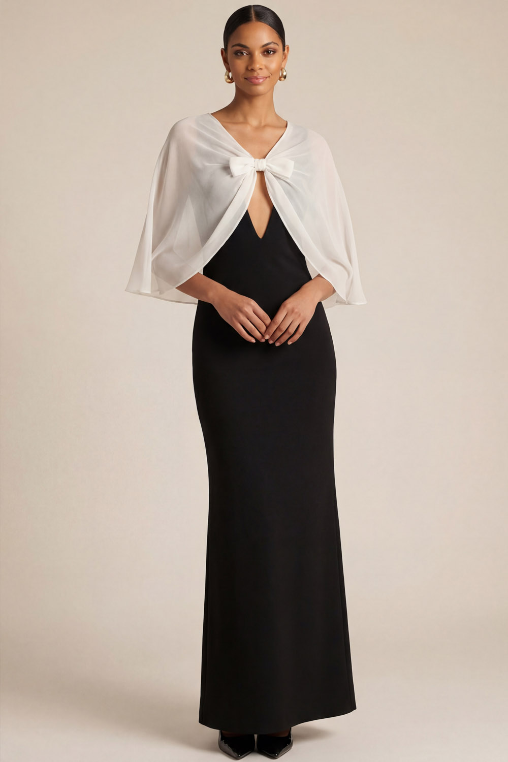 Black Formal Dress Sheath V-Neck Maxi Dress with Cape