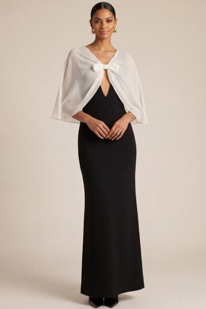 Black Formal Dress Sheath V-Neck Maxi Dress with Cape