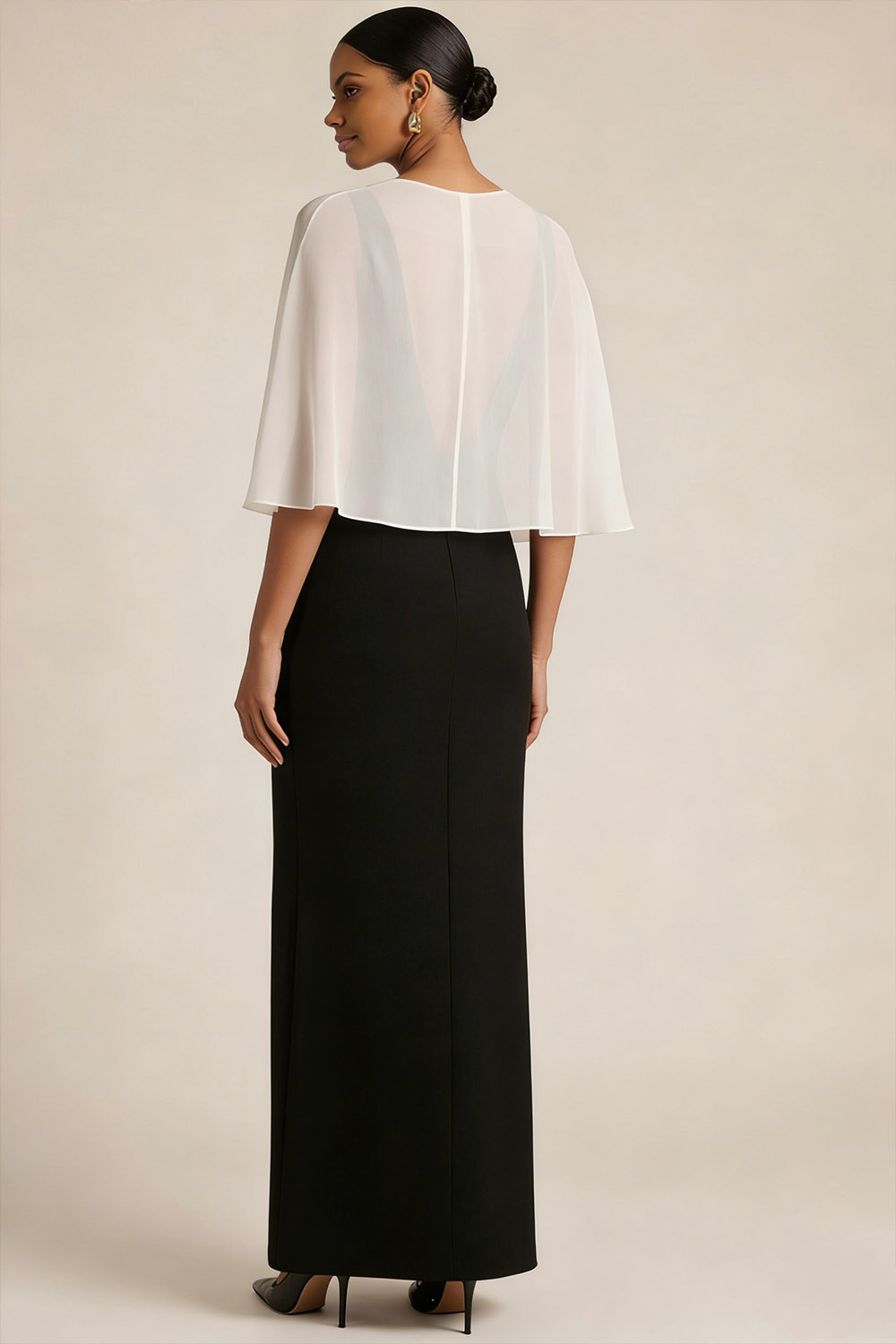 Black Formal Dress Sheath V-Neck Maxi Dress with Cape