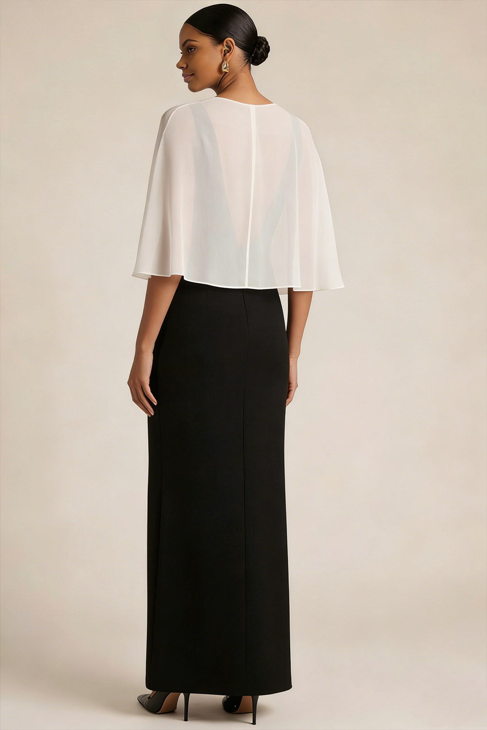 Black Formal Dress Sheath V-Neck Maxi Dress with Cape